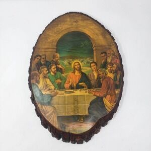 Vintage "The Last Supper" on Wood Live Edge Wall Plaque Home Decor 16h x 11w